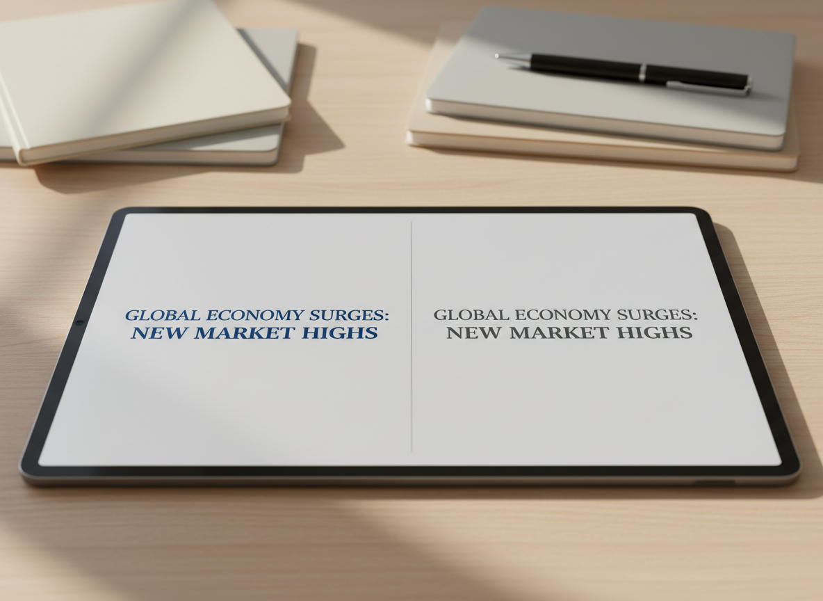 A sleek, frameless digital tablet lies flat on a light oak desk, its high-resolution screen split cleanly down the middle showing two versions of the same news headline in bold, contrasting fonts. Around the tablet, neatly stacked neutral-toned notebooks and a pen rest in soft focus. Gentle morning daylight streams in from an unseen window to the left, casting subtle, elongated shadows and faint reflections on the tablet’s glass surface. Photographic realism with a clean, modern aesthetic, shot from a slightly elevated angle with shallow depth of field, creates a calm, professional mood that emphasizes comparison, reflection, and the idea of seeing the same news through different lenses.